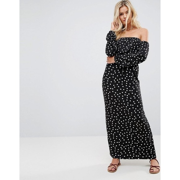 ASOS Dresses & Skirts - ASOS Bardot Polka Dot Off Shoulder Long Sleeve Maxi Dress Size 6